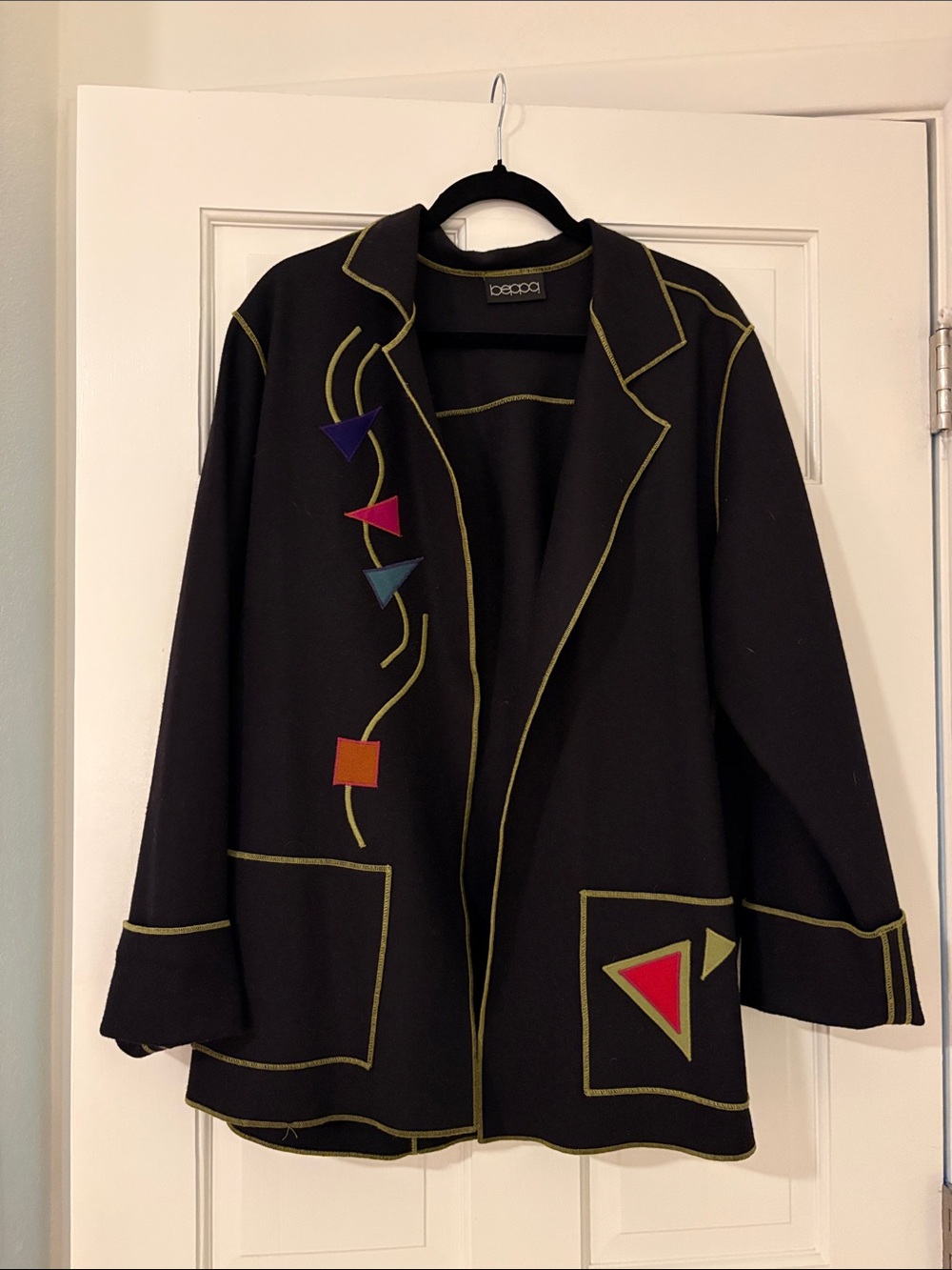 Beppa Black Wool Open-Front Blazer with Colorful Geometric Accents